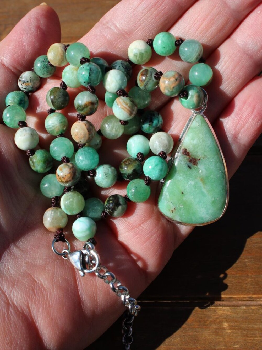 Green Calcite Necklace with Chrysoprase Teardrop Pendant